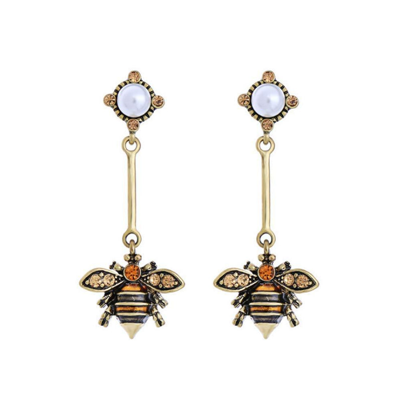 [Australia] - Bee Drop Earring Necklace Fashion Enamel Pearl Crystal Bumblebee Necklace Vintage Gold Tone Art Nouveau Insect Bee Pendant Ribbon Adjustable Necklace Women Jewelry 