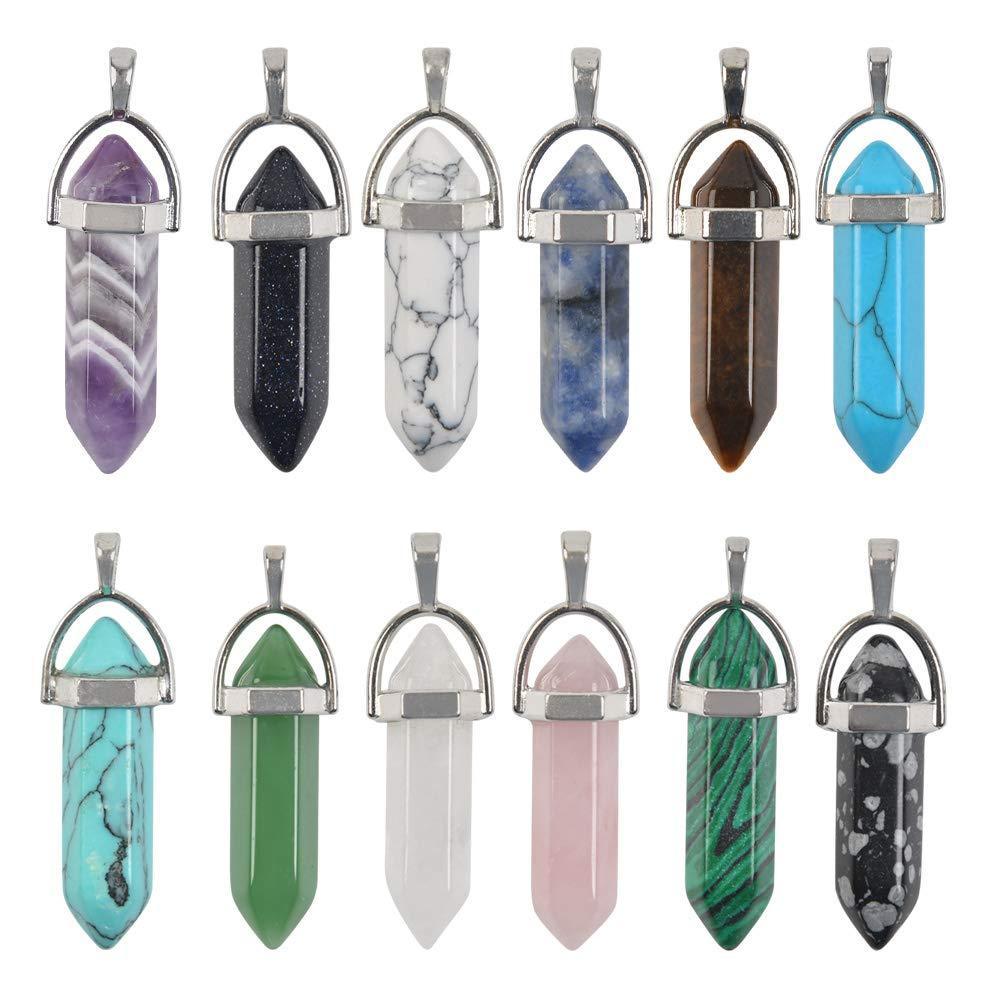 [Australia] - 12Pcs Crystal Necklace Gemstone Hexagonal Pointed Pendant Jewelry Wired Natural Crystal Energy Stone,Chakra Pendant Necklace for Women,Girls（No Chain) 