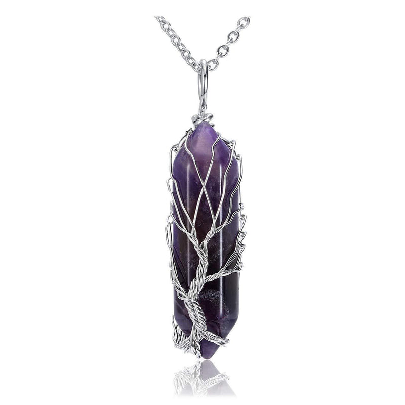 [Australia] - CrystalTears Amethyst Healing Crystal Stone Necklace Silver Tree of Life Wire Wrapped Natural Hexagonal Crystal Points Pendant Necklace for Women Mothers Day Gift 