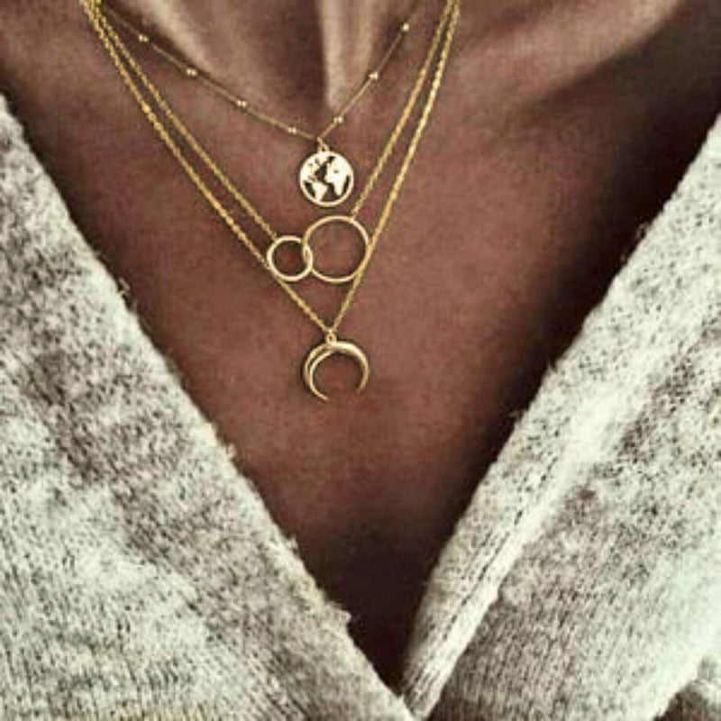 [Australia] - TseanYi Boho Layered Necklace Chain Gold Circle Moon Map Pendant Necklace Choker Eternal Karma Clavicle Necklace Jewelry for Women and Girls (Gold) 