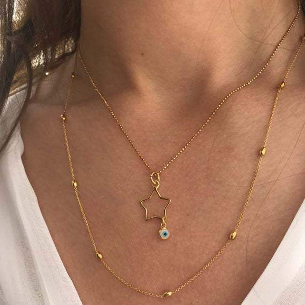 [Australia] - TseanYi Star Evil Eye Pendant Necklace Choker Gold Layered Hollow Star Necklace Demon Eye Clavicle Necklace Protection Necklace Jewelry for Women and Girls (Gold) 