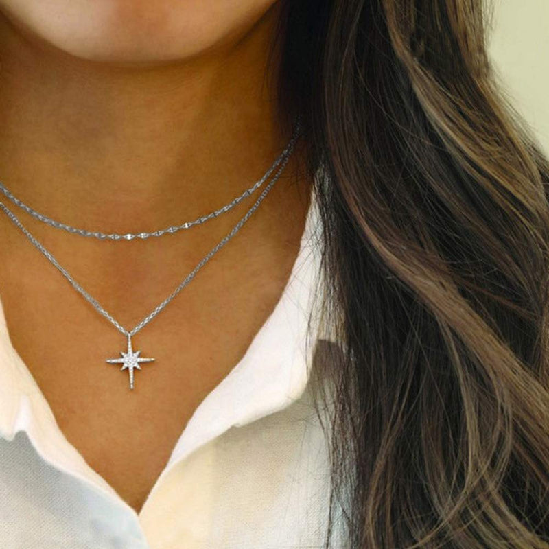 [Australia] - TseanYi Boho North Star Necklace Choker Silver Layering CZ Star Pendant Necklace Vintage Layered Sunburst Necklaces Chain Jewelry for Women and Girls (Silver) 