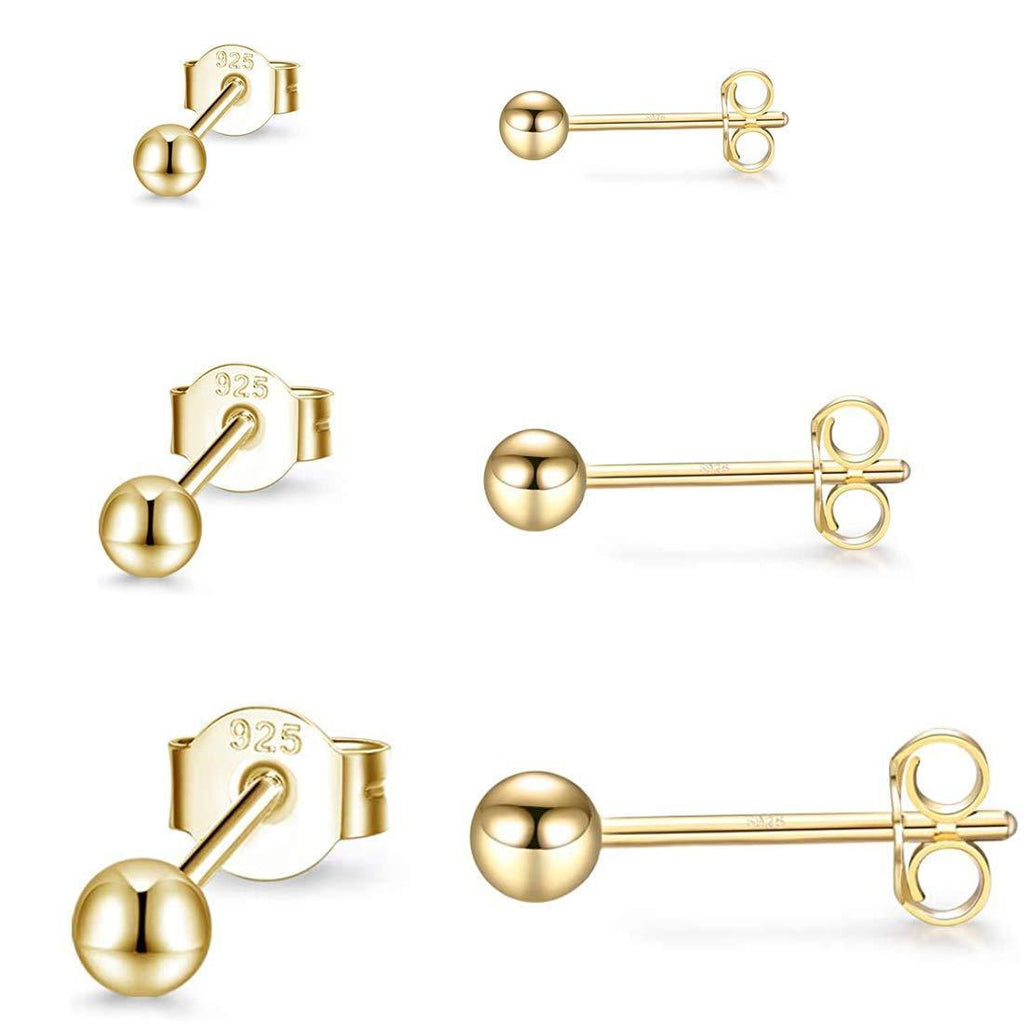 [Australia] - Gulicx 3 Pairs Silver Stud Earrings Set for Women Girls, Hypoallergenic 925 Stering Silver Tiny Round Ball Stud Earring,Small Sleeper Cartilage Studs Earring, Size: 2, 3, 4mm (Silver, Gold, Rose Gold) Gold-2/3/4mm 