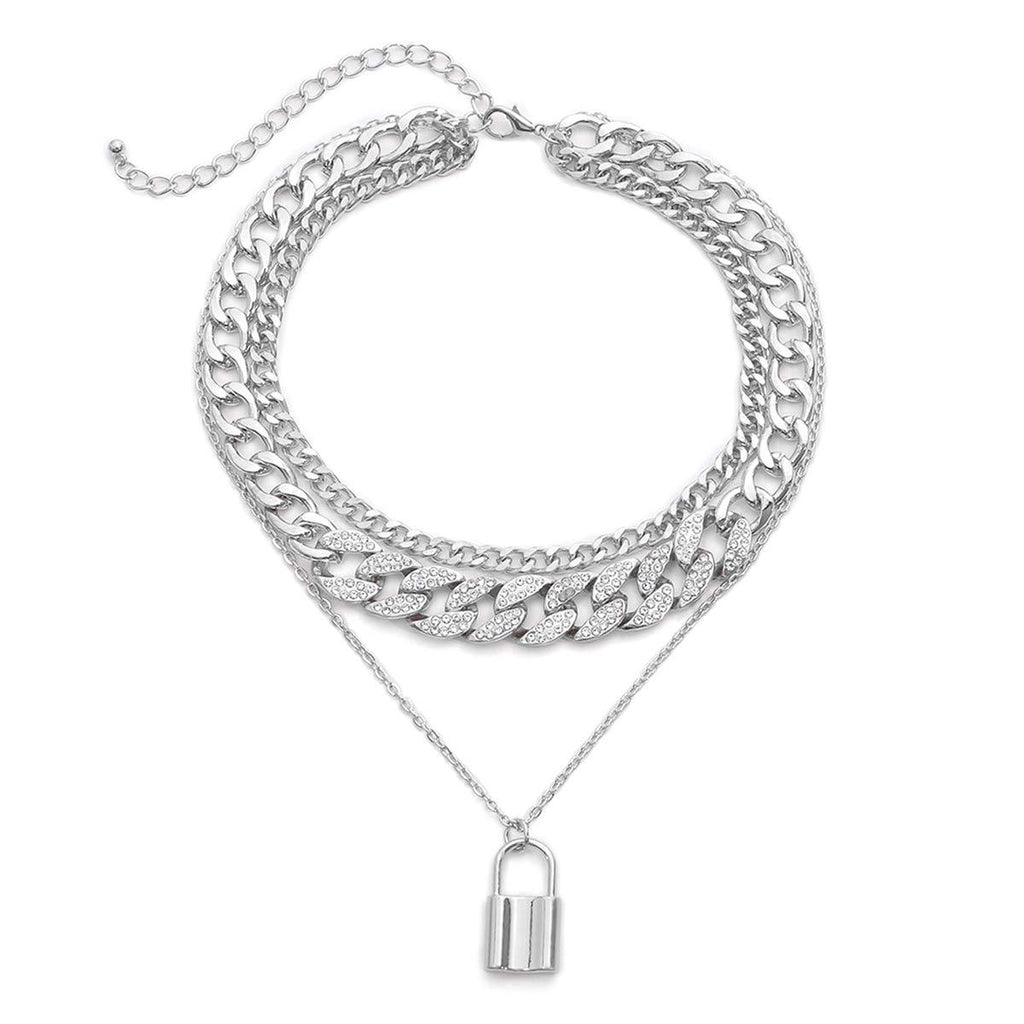 [Australia] - Ingemark Shiny CZ Rhinestone Curb Chain Key Lock Pendant Necklace for Women Unisex Cool Hip Hop Miami Diamond-Cut Iced Out Chain Choker Necklace (Lock Pendant Silver) 