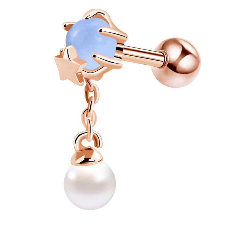 [Australia] - OUFER 16G Pearl Dangle Cartilage Earrings Chain Stainless Steel Helix Studs Tragus Ball Air Blue Opal Stone Ear Piercings Jewellery Women Rose Gold 