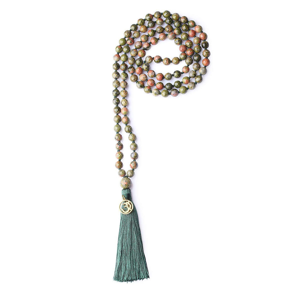 [Australia] - coai OM Charm Hand Knotted Tassel 108 Mala Beads Necklace 6mm Faceted Unakite 