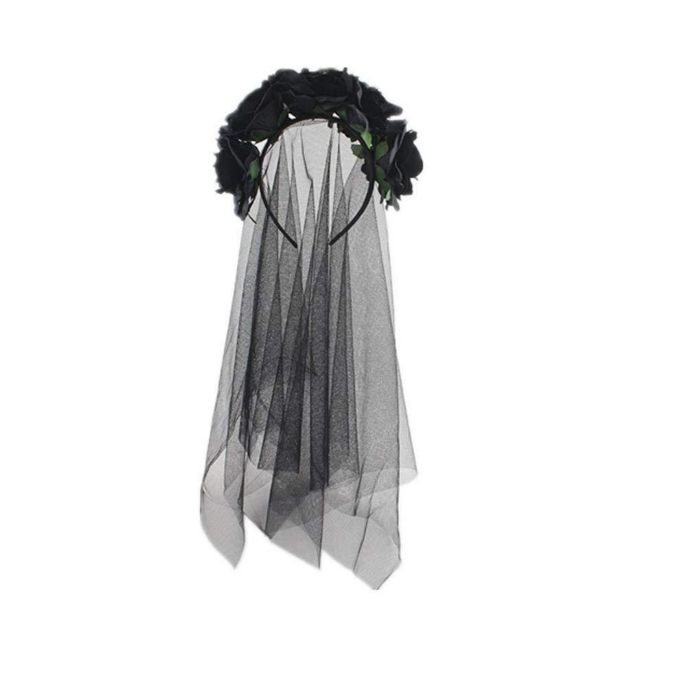 [Australia] - SUNTRADE Women Girls Zombie Bride Black Veil with Flowers Hairband for Halloween Cosplay Wedding Costume Headwear 