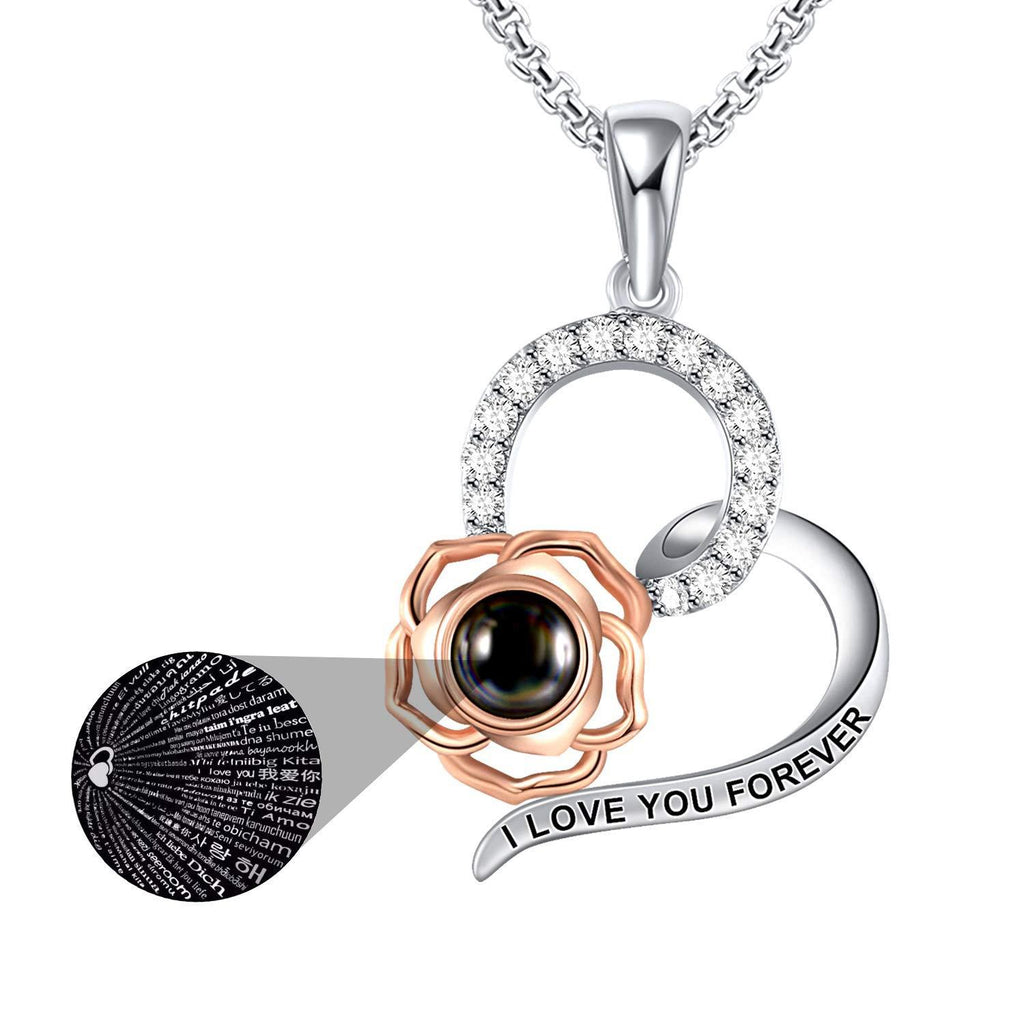 [Australia] - SNZM Rose Pendant Necklace for Women Girls - Rose Pendant Crystal Love Memory Projection Necklaces for Girlfriend Wife Romantic Valentine's Day Gifts for Her 100 Languages 