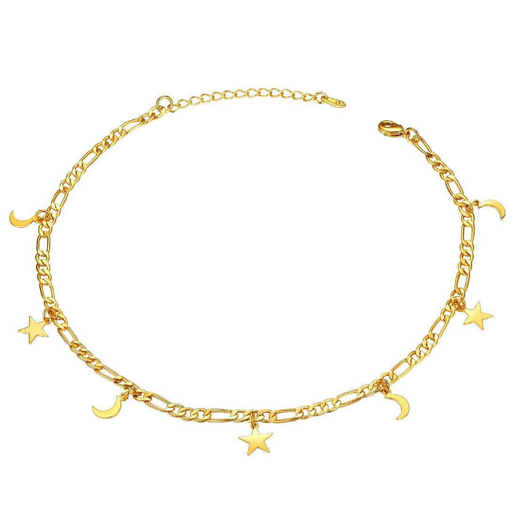 [Australia] - U7 Butterfly Anklet/Choker Necklace Resizable Figaro Chain 18K Gold Plated Jewellery Ankle Bracelets/Stars/Moon/Butterfly Short Necklace for Women Girls Ladies (with Gift Box) 03. Stars and Moon Choker Necklace 
