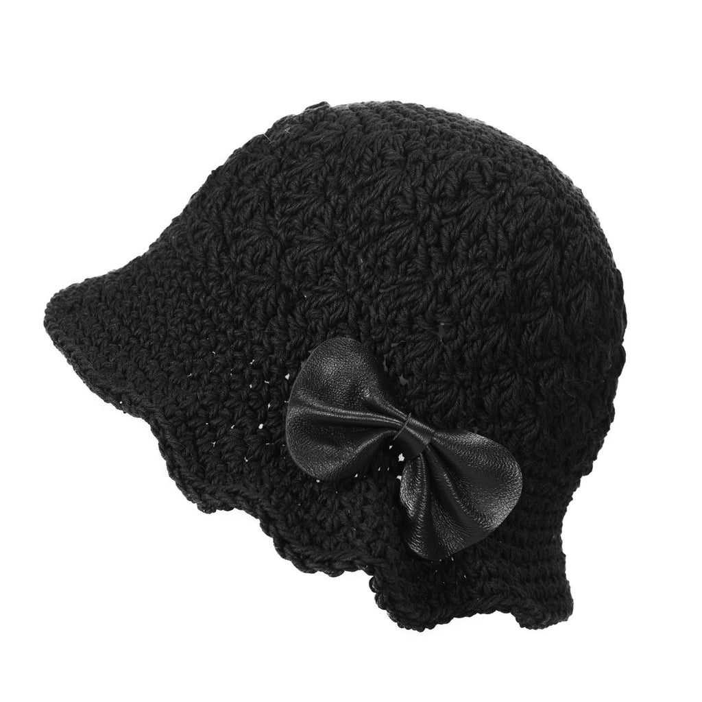 [Australia] - ZLYC Women Winter Crochet Bucket Hat Handmade Cotton Knit Cloche Bowler Hats Bow Black 