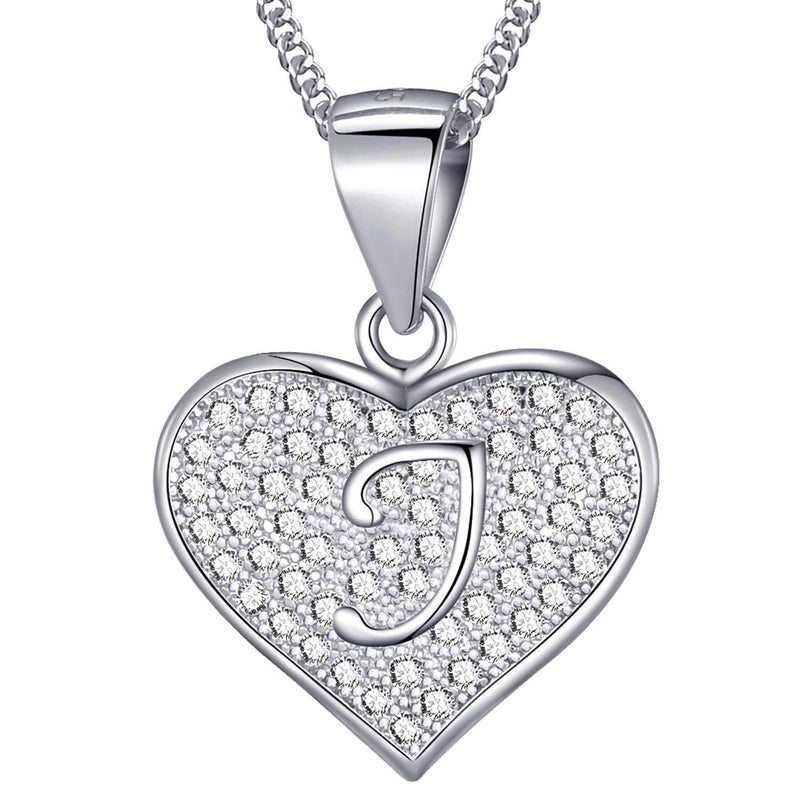 [Australia] - MASADA 925 Sterling Silver Heart Letter Necklace - Initial Pendant with Zircon Stones - Personalised Alphabet, Teens & Girls - 46 cm - 18 inch Chain in Velvet Bag Letter J 