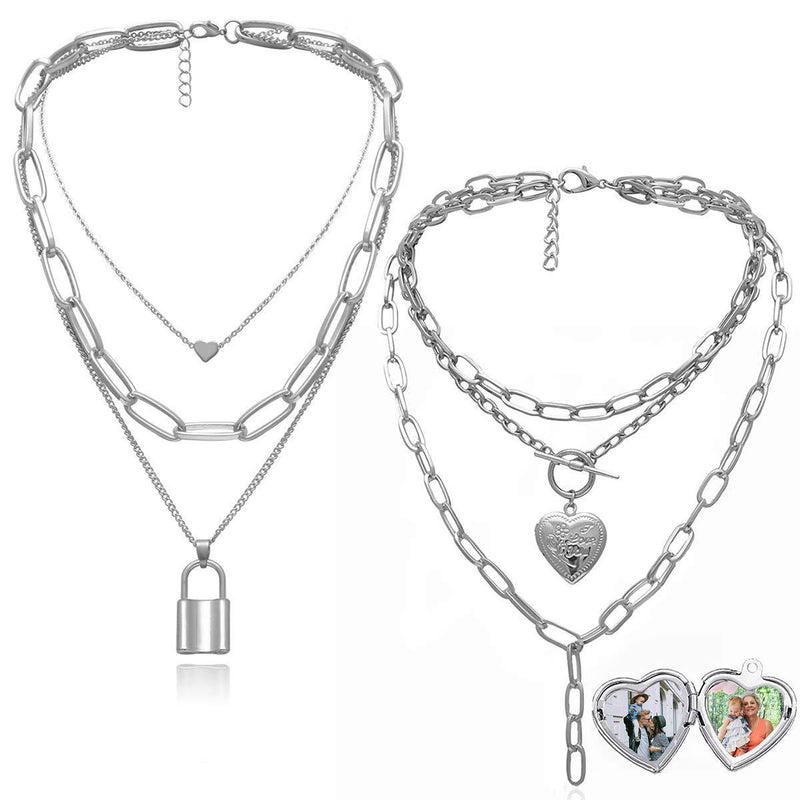 [Australia] - Ingemark Key Lock Layered Chain Necklace for Women Girls Sweet Heart Photo Locket Toggle Necklace Set03 Silver 