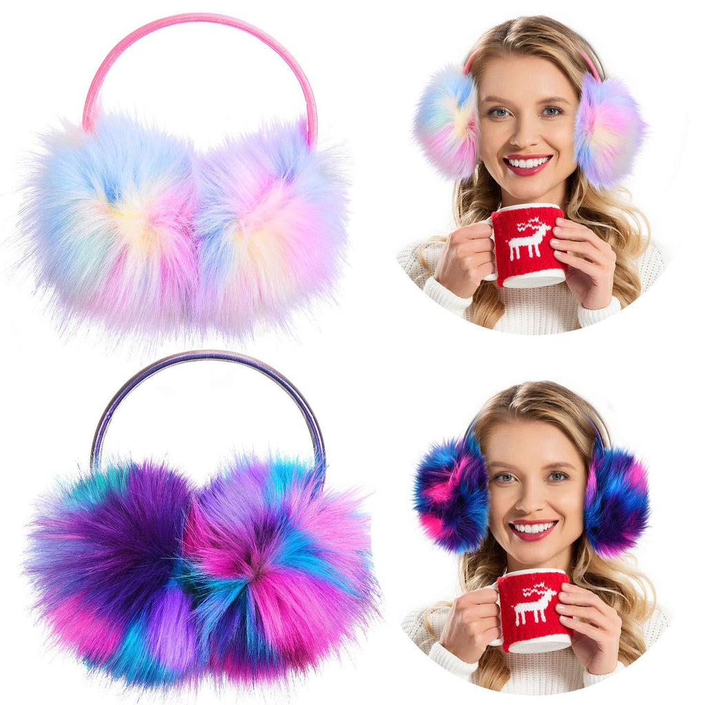 [Australia] - 2 Pieces Ear Muff Winter Warm Fluffy Earmuffs Faux Fur Ear Muff Dazzle Color for Women Girls Mom Daughter Christmas Outdoor Ear Warmers 