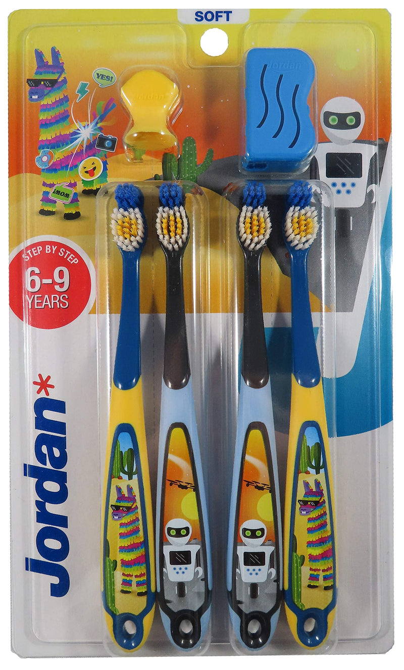 [Australia] - Jordan ® | Step 3 Toothbrush Kids | Kids Toothbrush for Age 6-9 Years Old | Soft Bristles, Dual Ergonomic Handle & BPA Free | Blue & Yellow Color | Pack 4 Units 
