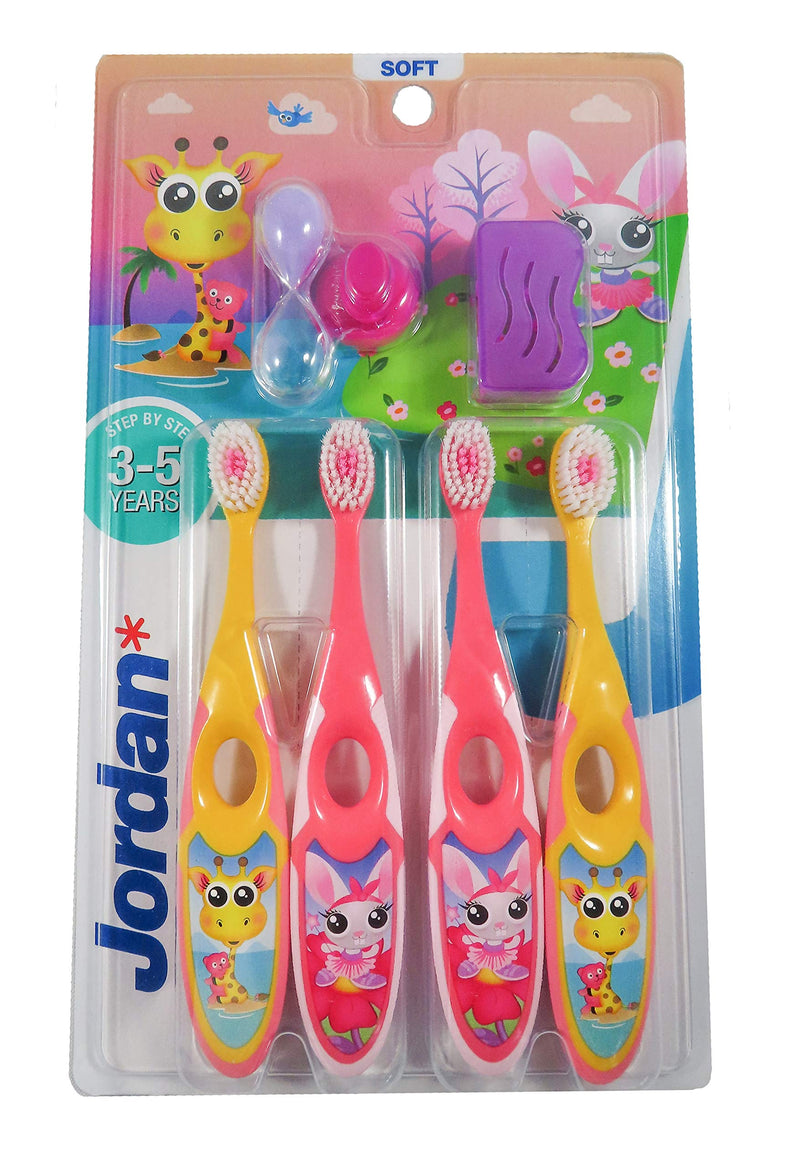 [Australia] - Jordan ® | Step 2 Toothbrush Kids | Kids Toothbrush for Age 3-5 Years Old | Soft Bristles, Dual Ergonomic Handle & BPA Free | Pink & Yellow Color | Pack 4 Units 
