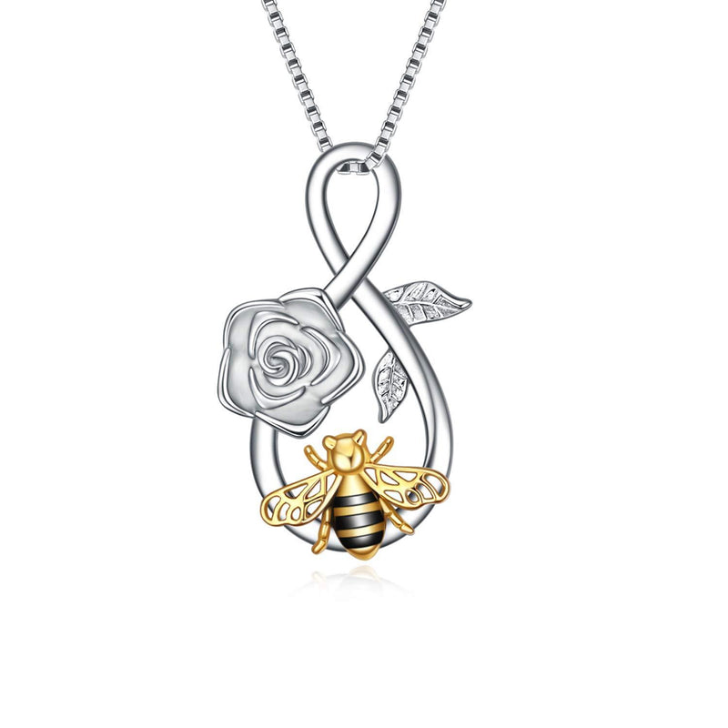 [Australia] - Bee Necklace Sterling Silver Infinity Love Bee Pendant Necklace with Rose Flower Jewellery Gifts for Women Teens Bee necklace with silver rose 