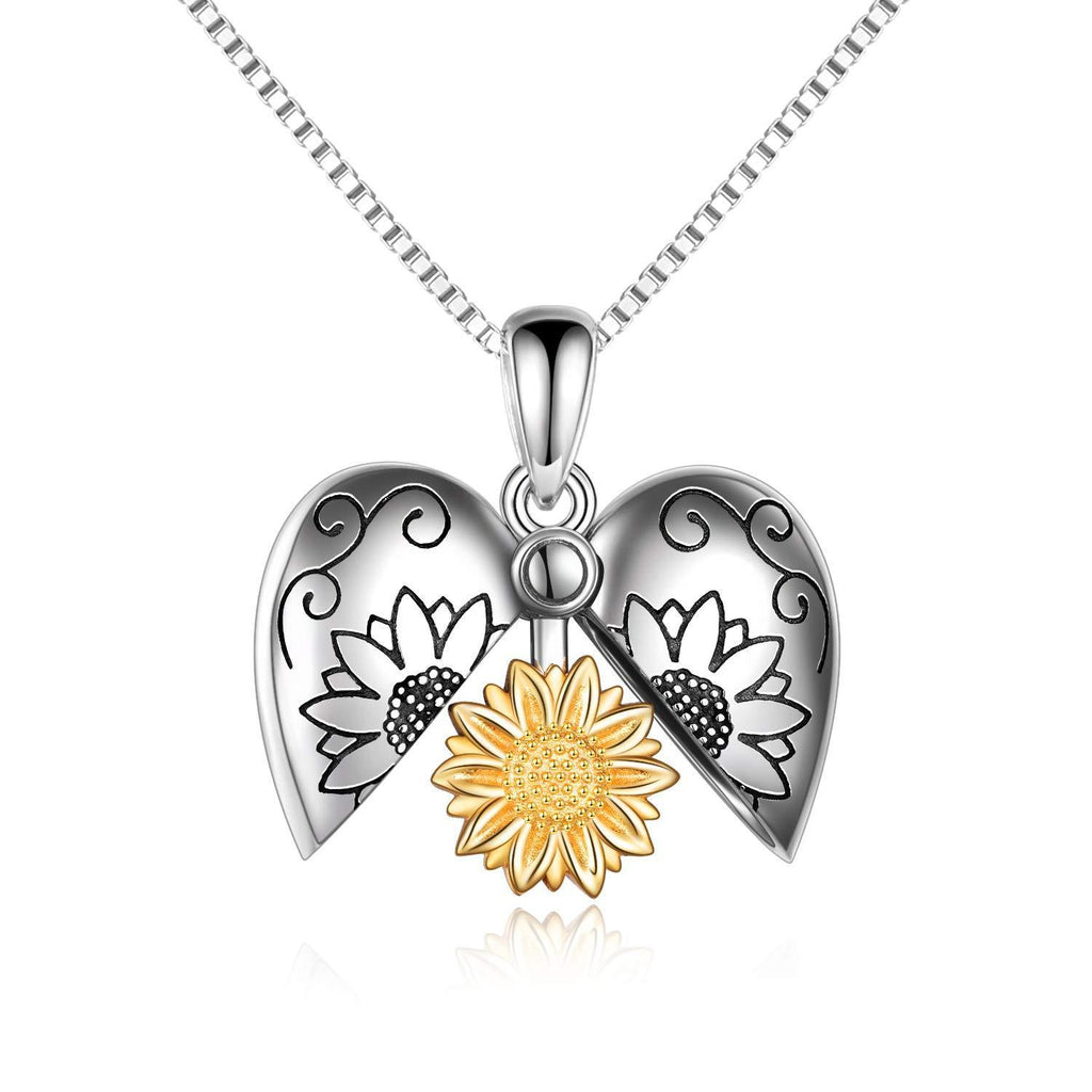 [Australia] - Sterling Silver Sunflower Locket Love Heart Necklace You Are My Sunshine Engraved Pendant Necklaces Birthday Anniversary Gifts for Women Her Mum Daughter Sunflower locket necklace 