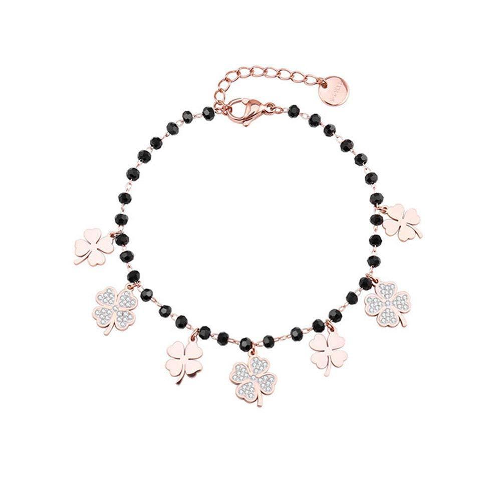 [Australia] - Ouran Four Leaf Clover Bracelet for Women, Rose Gold and Silver Plated Stainless Steel Chain with Black Crystal Charm Wrist Bracelet Gift for Friends, Mom 