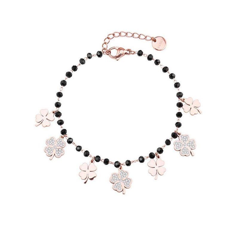 [Australia] - Ouran Four Leaf Clover Bracelet for Women, Rose Gold and Silver Plated Stainless Steel Chain with Black Crystal Charm Wrist Bracelet Gift for Friends, Mom 