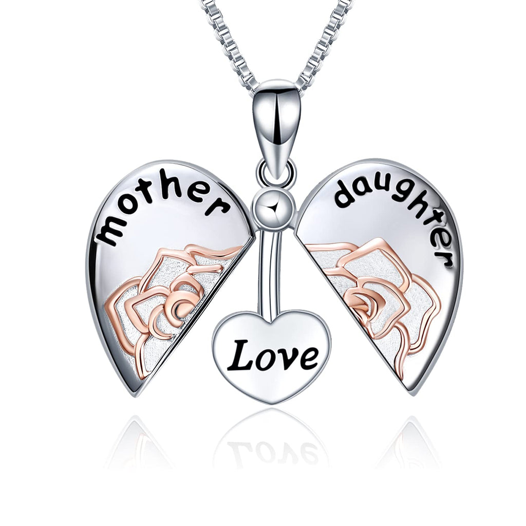 [Australia] - Heart Necklace Sterling Silver Mother Love Daughter Locket Rose Flower Engraved Pendant Necklace Jewellery for Women Mum Daughter Mother love daughter necklace with rose 