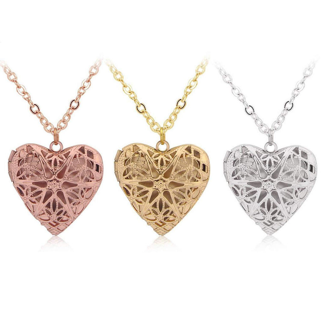 [Australia] - Belons 3 PCS Heart Locket Necklace Openable Pendant Necklace Hollow Heart Photo Locket for Women Girls Children, Rose Gold, Silver, Gold 