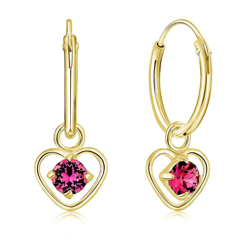 [Australia] - DTPsilver® 925 Sterling Silver Yellow Gold Plated SMALL Hoops Earrings & Dangling Heart with 3 mm Crystals from Swarovski® Elements - Thickness 1.2 mm - Diameter: 12 mm - Many Colours to choose from Rrose 
