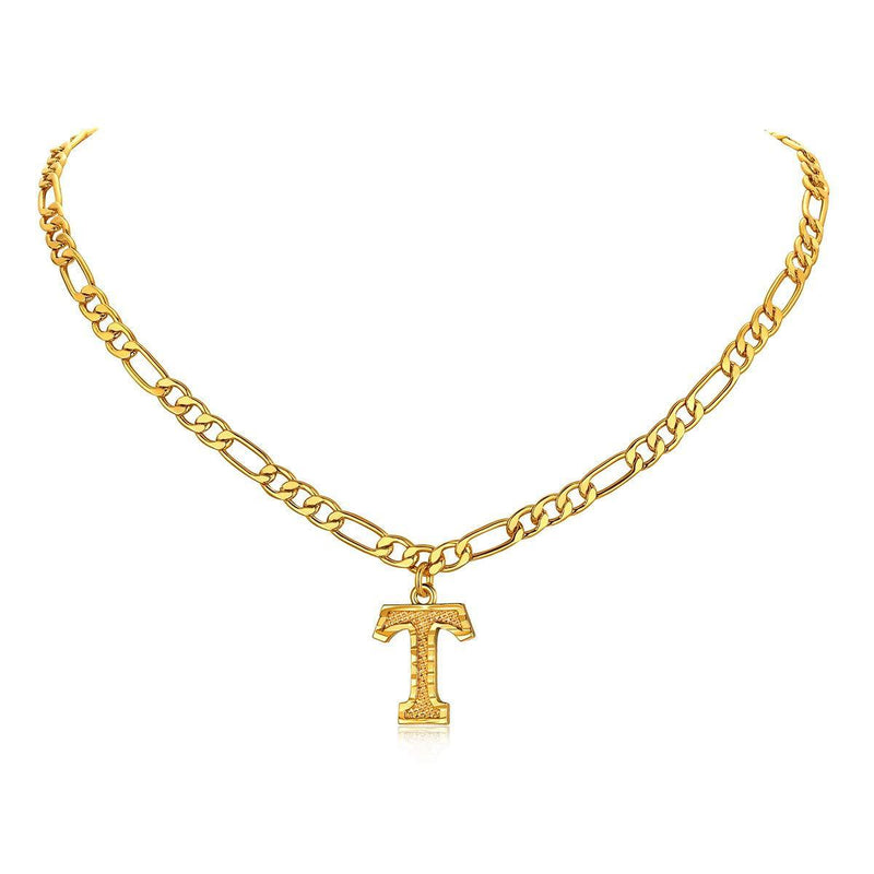 [Australia] - FOCALOOK 18K Gold Plated Small Letter Initial Pendant Necklace for Women Men A-Z Alphabet Jewellery 16+2 Inch Figaro Chain Adjustable T 
