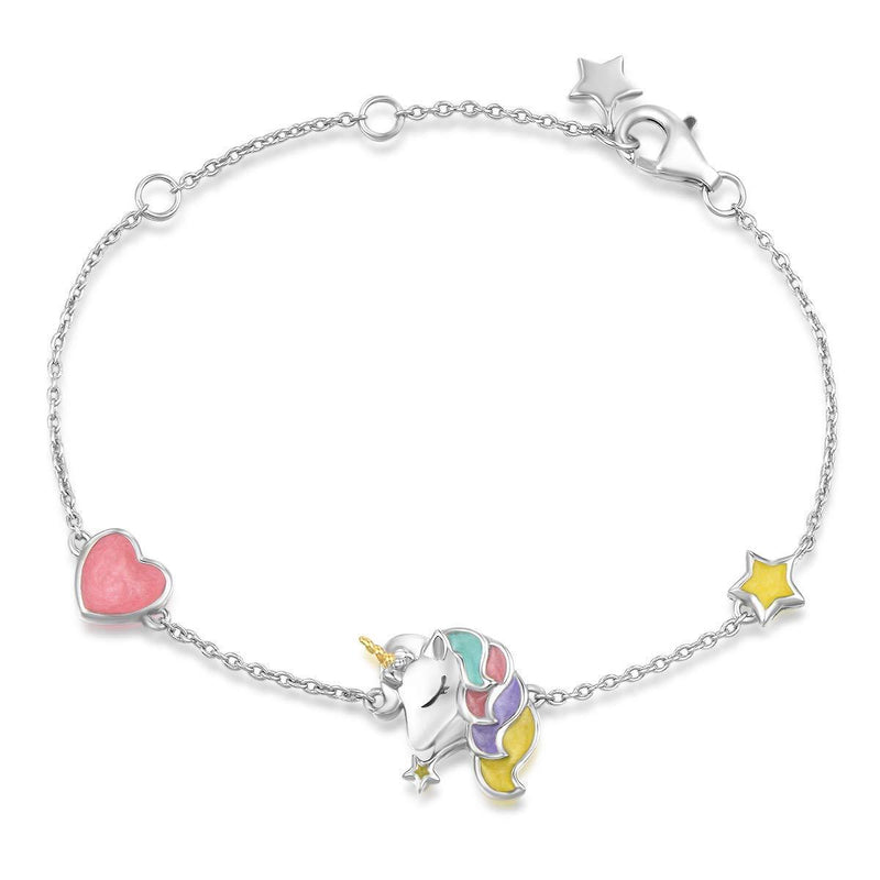 [Australia] - Solid 925 Sterling Silver White Gold Plated Unicorn Bracelet Rainbow Colorful Chain Fine Jewellery Gifts for Women Girls - Length: 17 + 3 cm Unicorn 1 