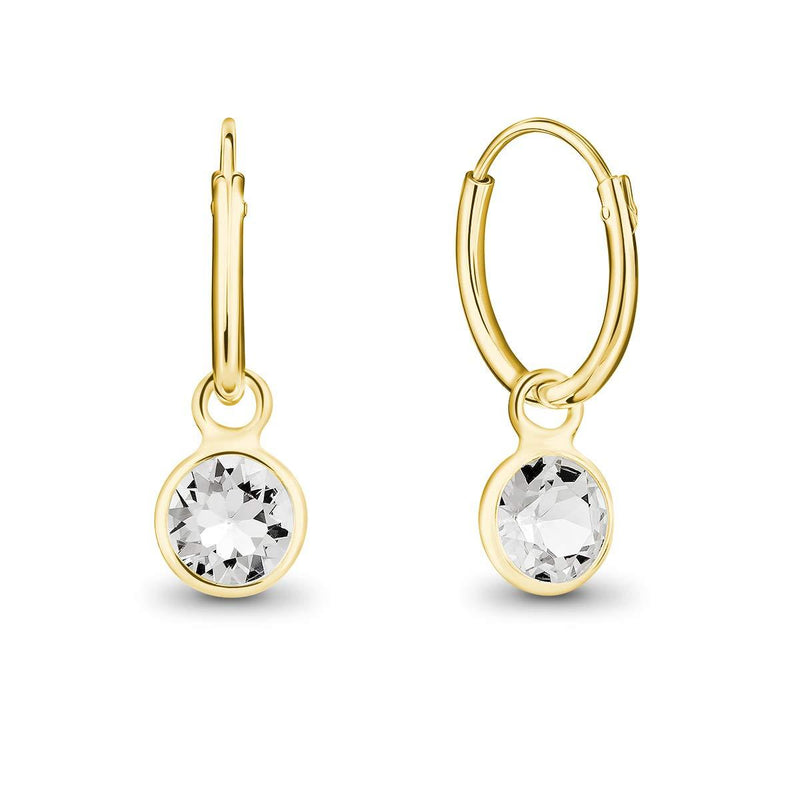 [Australia] - DTPsilver® 925 Sterling Silver Yellow Gold Plated SMALL Hoops Earrings - Dangling 5 mm Round Glittering Crystals from Swarovski® Elements - Diameter 12 mm - Many Colours to choose from White Crystal 