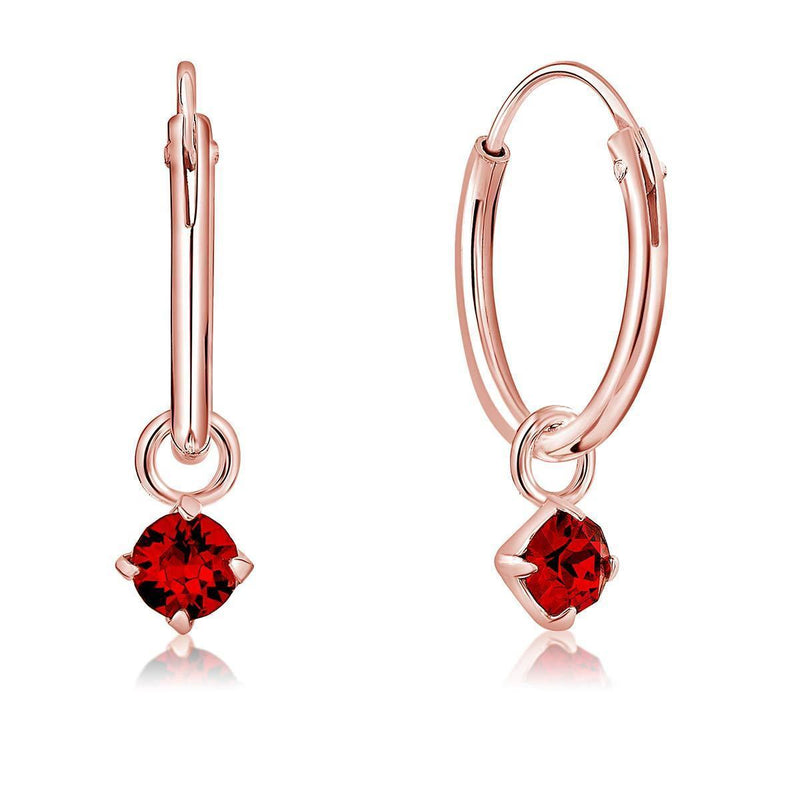 [Australia] - DTPsilver® 925 Sterling Silver Rose Gold Plated SMALL Hoops Earrings & Round Dangling 3 mm Crystals from Swarovski® Elements - Thickness 1.2 mm - Diameter: 12 mm Red Light Siam 