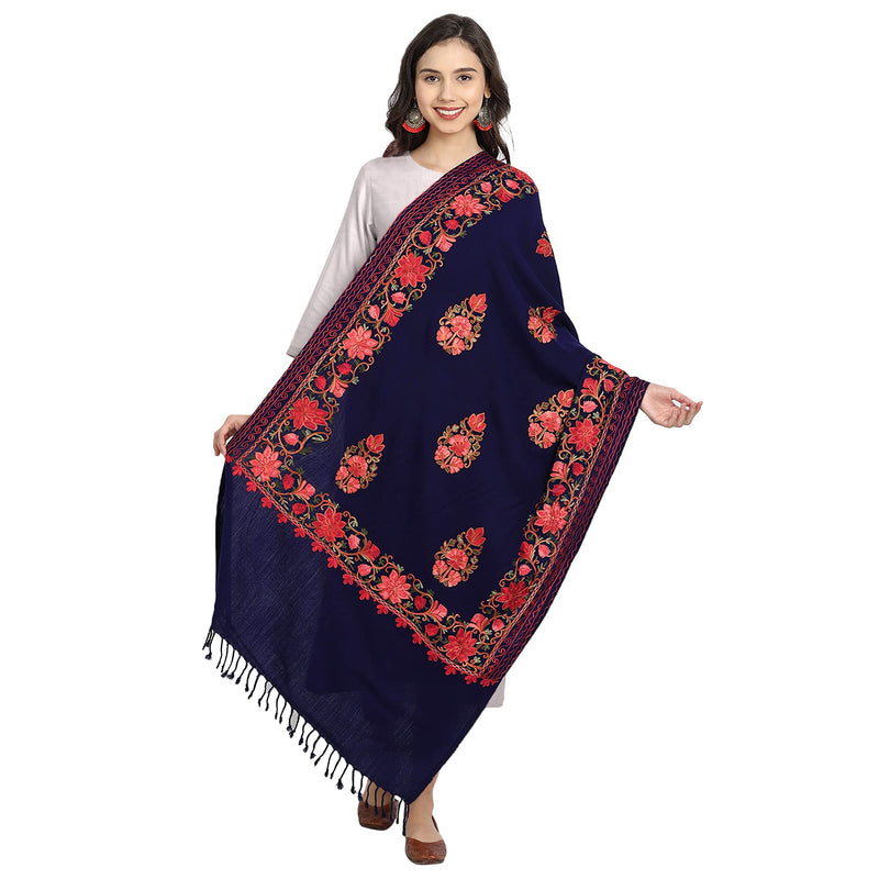 [Australia] - Kashmir Women Stole Shawl Scarf Wrap with Indian Embroidery Flower Blue 