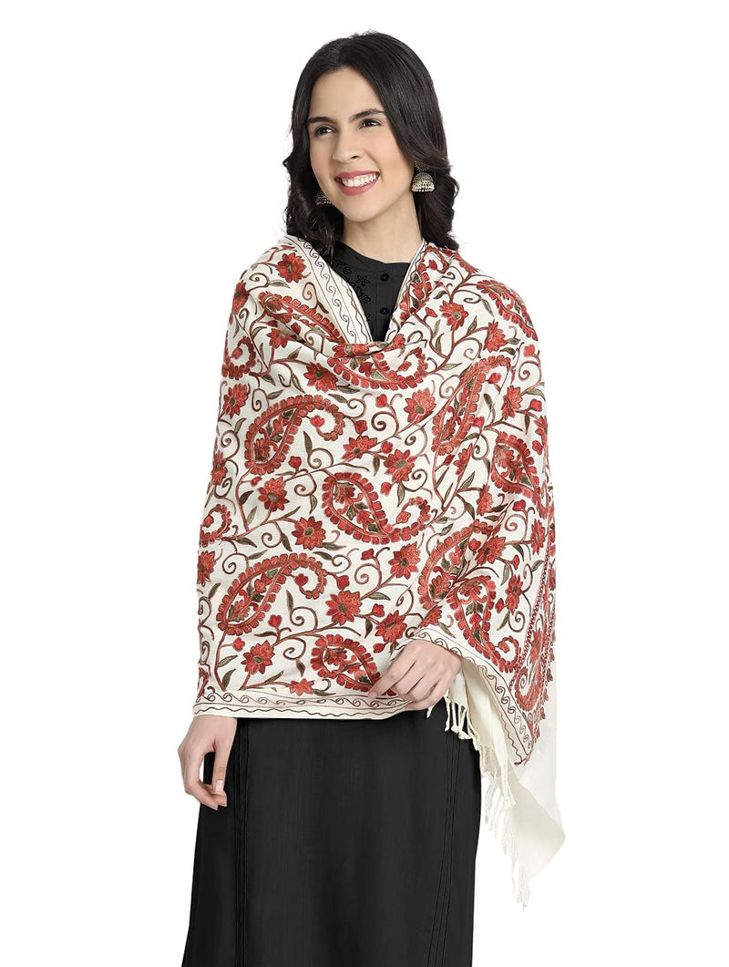[Australia] - Kashmir Women Stole Shawl Scarf Wrap with Indian Embroidery Flower Creame 