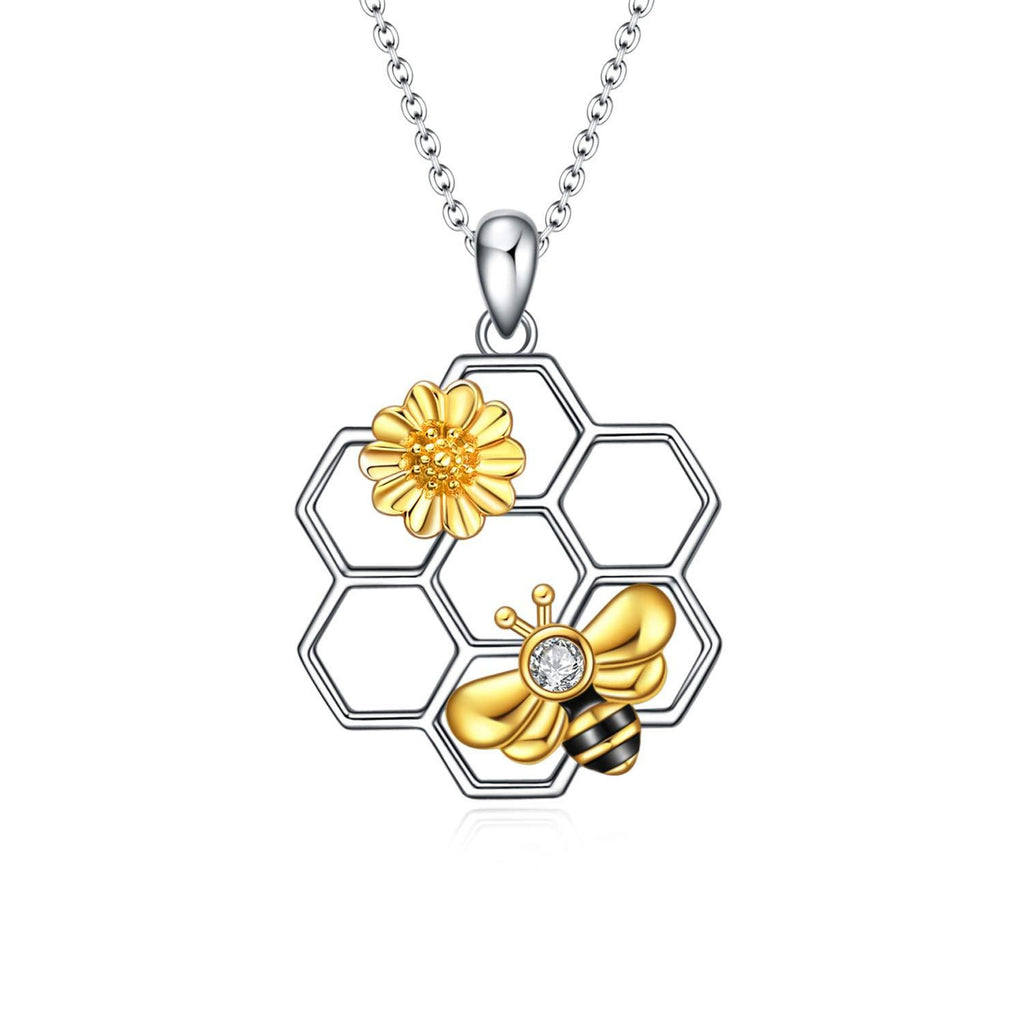 [Australia] - Sterling Silver Honeycomb with Bee Necklace Geometric Honey Bumble Bee Pendant Necklace with Sunflower Jewellery Gifts for Women Girls A Bee necklace with sunflower 