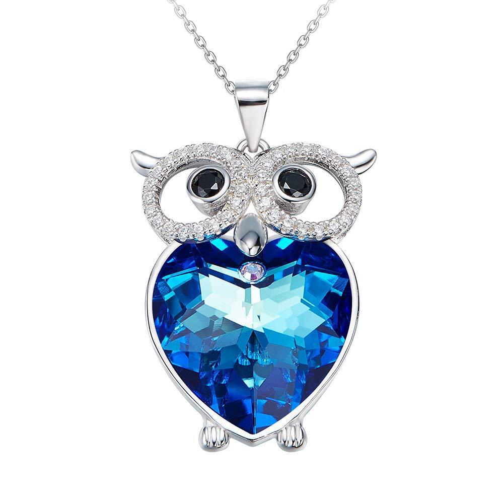 [Australia] - PHENIOTACE Large Women's Alloy Owl Pendant Necklace embellished with Crystals from Swarovski Blue, Animal Jewelry, White gold, Gift for Her 