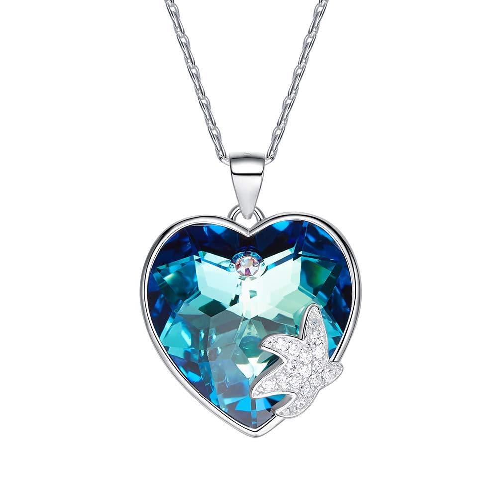 [Australia] - PHENIOTACE Women's Real 925 Sterling Silver Starfish Pendant Necklace embellished with Ocean Heart Crystals from Swarovski Blue, Gift for Her 