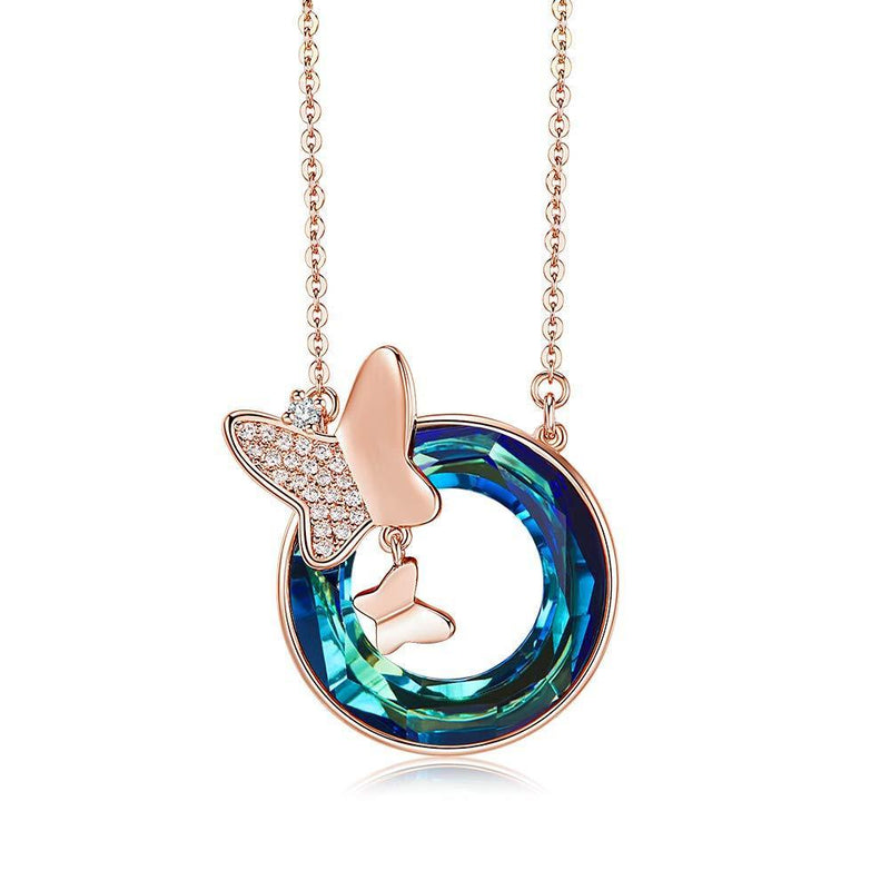 [Australia] - PHENIOTACE Lucky Butterfly Pendant Necklace embellished with Large Circle Crystal from Swarovski, Gift for Her Blue - Rose gold 