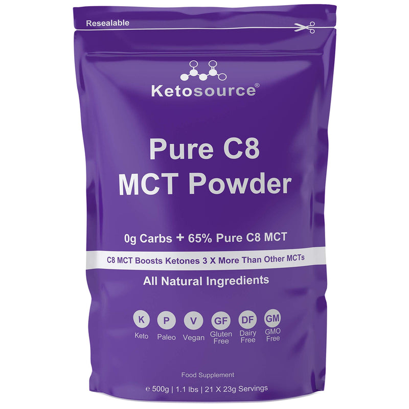 [Australia] - Ketosource® Premium C8 MCT Powder | 3X Ketone Boost Versus Other MCTs | 0g Carbs | Supports Keto & Fasting | Vegan Safe & Gluten Free | All Natural Ingredients | Plain Flavour | 500g Pouch Unflavoured 500 g (Pack of 1) 