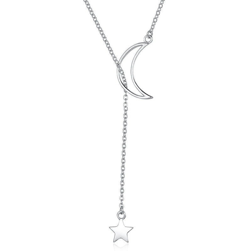 [Australia] - Lariat Y Necklace Crescent Moon Star 925 Sterling Silver for Women Girls Teens Dainty Layered Long Chain Pendant Personalist Jewelry 