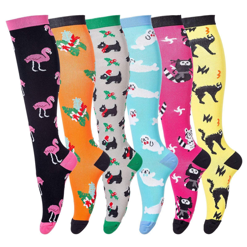 [Australia] - Compression Socks for Men & Women (6Pair) Non-Slip Long Tube Ideal for Running,Nursing,Circulation & Recovery Boost Stamina, Hiking Travel & Flight Socks 20-30 mmHg Animal S-M 