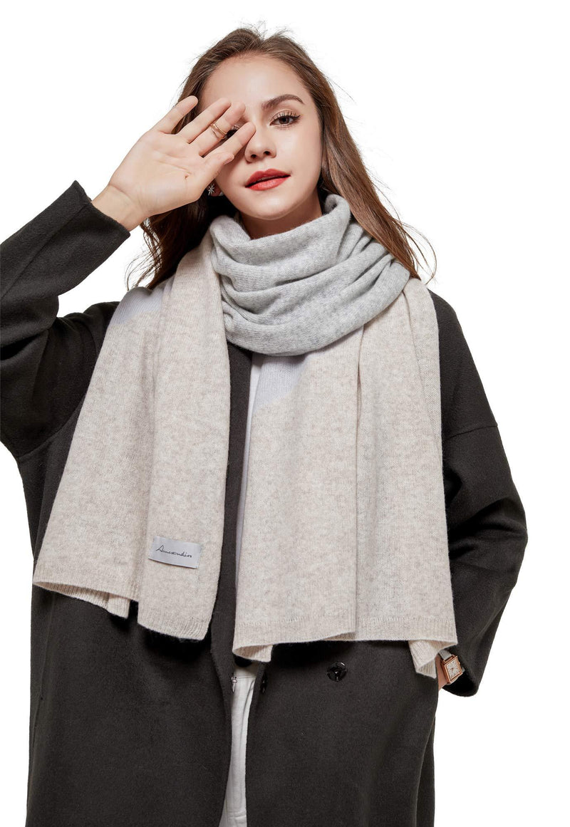 [Australia] - RIONA Women's 100% Australian Merino Wool Cold Weather Scarf Knitted Soft Warm Neckwear Wrap Shawl with Gift Box Beige/Grey 