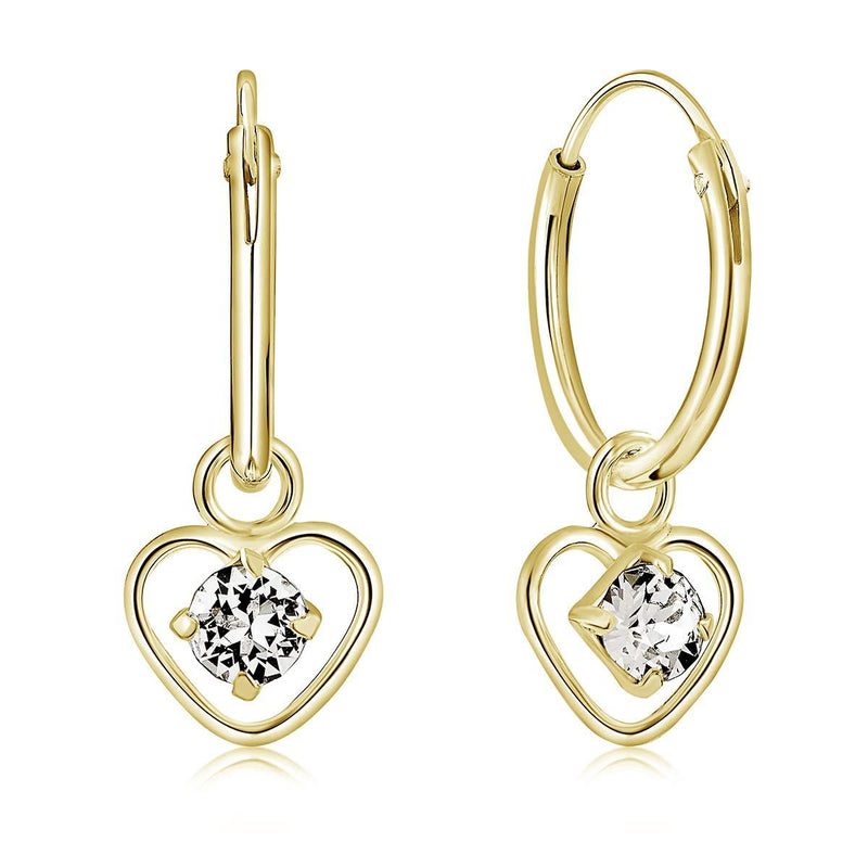[Australia] - DTPsilver® 925 Sterling Silver Yellow Gold Plated SMALL Hoops Earrings & Dangling Heart with 3 mm Crystals from Swarovski® Elements - Thickness 1.5 mm - Diameter: 14 mm Clear Crystal 