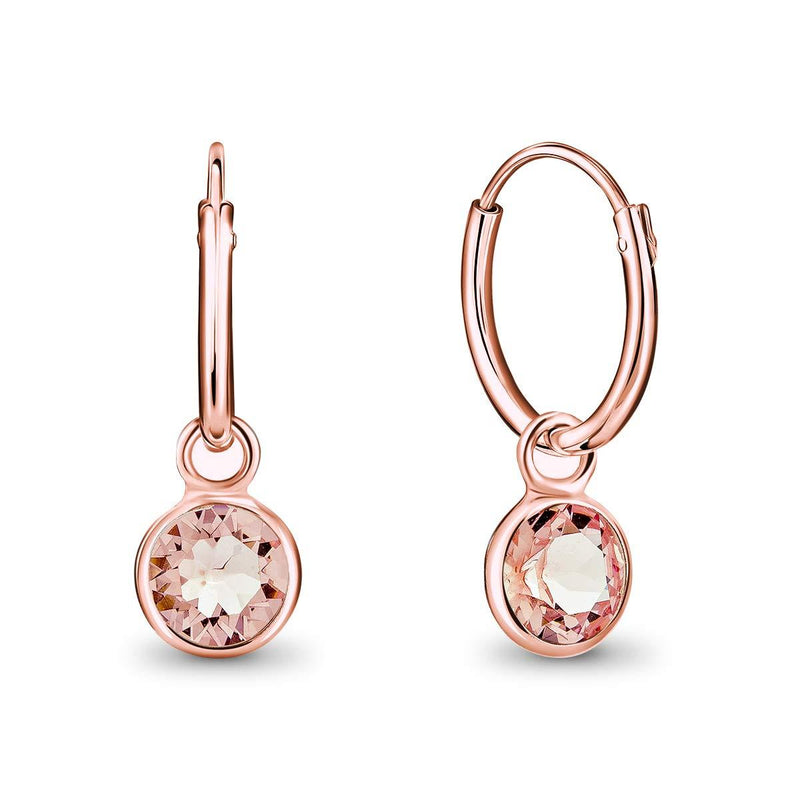 [Australia] - DTPsilver® 925 Sterling Silver Rose Gold Plated SMALL Hoops Earrings - Dangling 5 mm Round Glittering Crystals from Swarovski® Elements - Diameter 14 mm Light Rose 