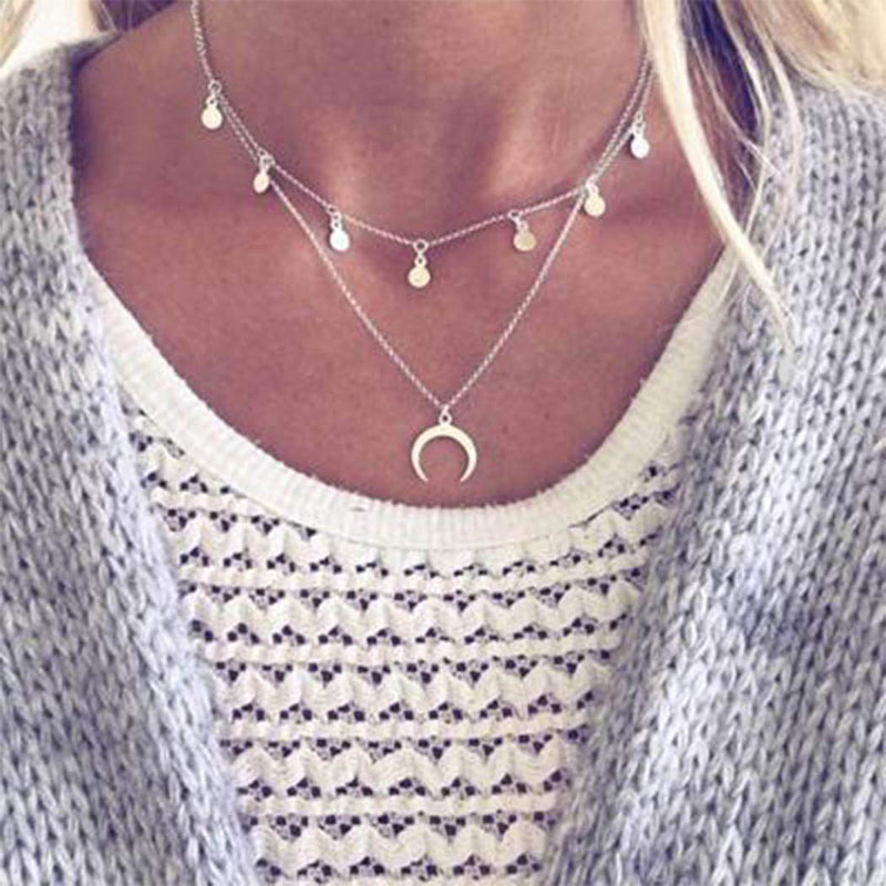 [Australia] - TseenYi Dangle Sequins Moon Necklace Choker Silver Layered Boho Necklaces Tiny Disc Coin Pendant Necklace Jewelry for Women and Girls 