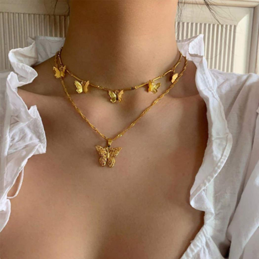 [Australia] - TseenYi Butterflies Pendant Necklace Gold Layering Butterfly Necklace Choker Short Clavicle Chain Necklace Jewelry for Women and Girls 