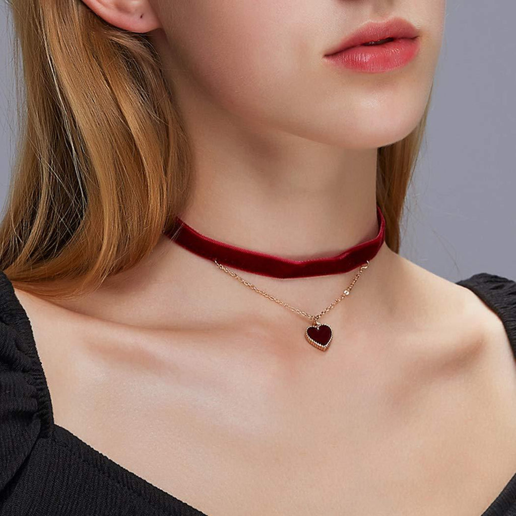 [Australia] - TseenYi Satin Ribbon Necklace Choker Layering Heart Pendant Necklace Chain Short Boho Clavicle Chain Necklace Jewelry for Women and Girls (Red) Red 