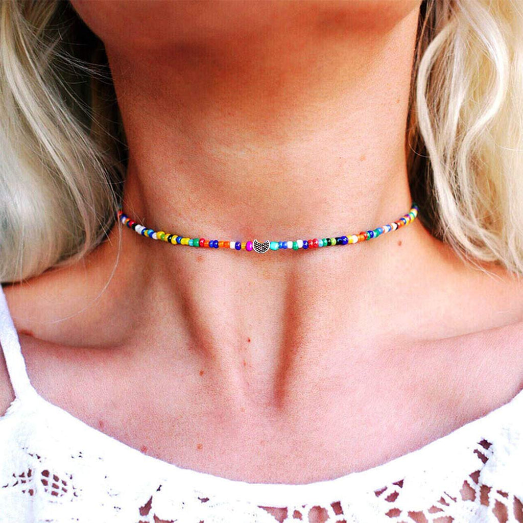 [Australia] - TseenYi Boho Colorful Crystal Necklace Short Tiny Moon Rice Bead Rainbow Necklace Chain Jewelry for Women and Girls (Moon) 