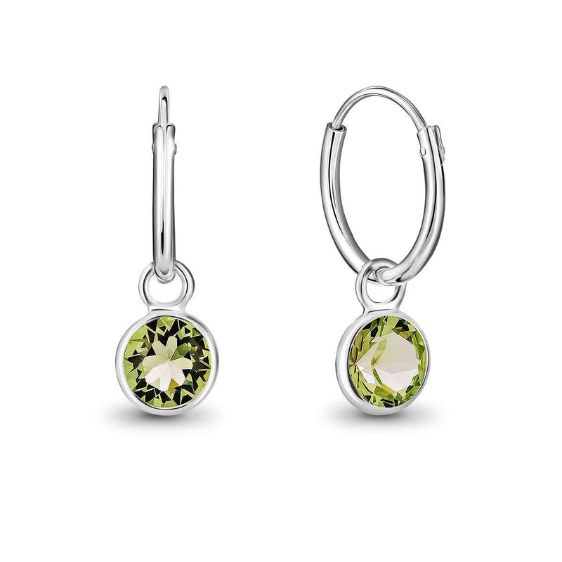 [Australia] - DTPsilver® 925 Sterling Silver SMALL Hoops Earrings - Dangling 5 mm Round Glittering Crystals from Swarovski® Elements - Diameter 14 mm Peridot 
