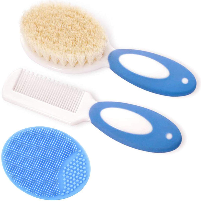 [Australia] - Baby Hair Brush and Comb Set for Newborns & Toddlers | Natural Soft Goat Bristles | Ideal for Cradle Cap | Perfect Baby Registry Gift (Blue) Blue 
