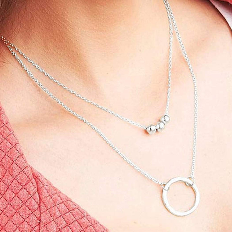 [Australia] - TseenYi Circle Pendant Necklace Chain Silver Layered Boho Bead Choker Necklace Karma Charm Necklaces Jewelry for Women and Girls (Silver) 