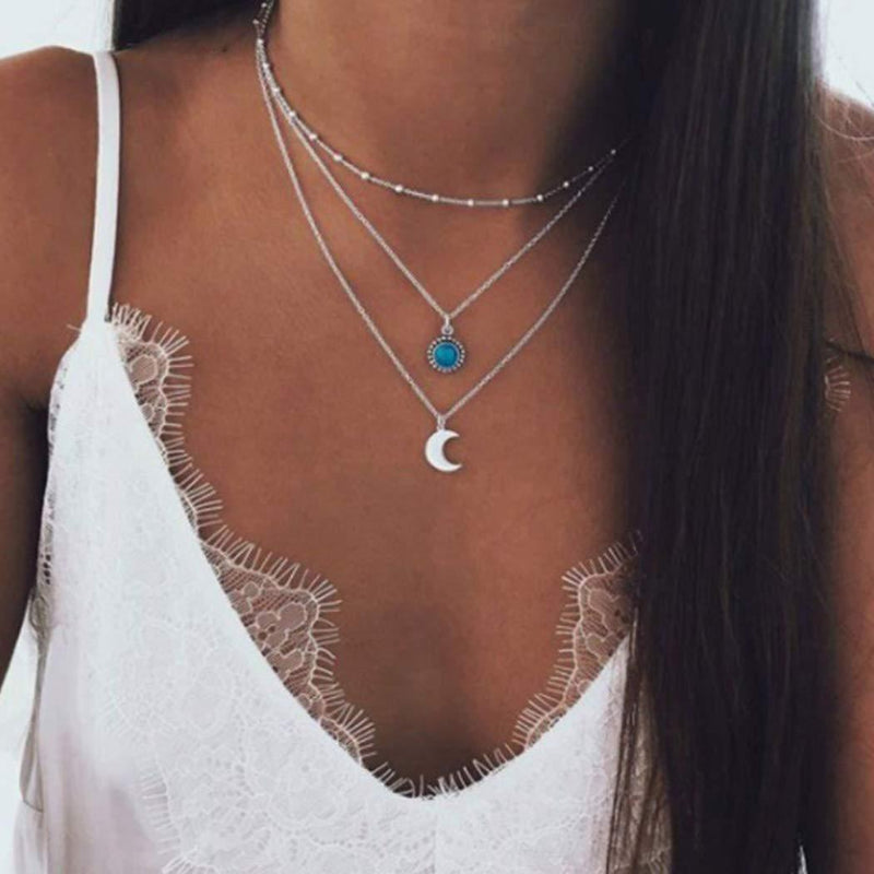 [Australia] - TseenYi Bohemian Multilayer Necklace Turquoise Water Drop Moon Pendant Bead Choker Fashion Silver Layered Jewelry for Women and Girls 